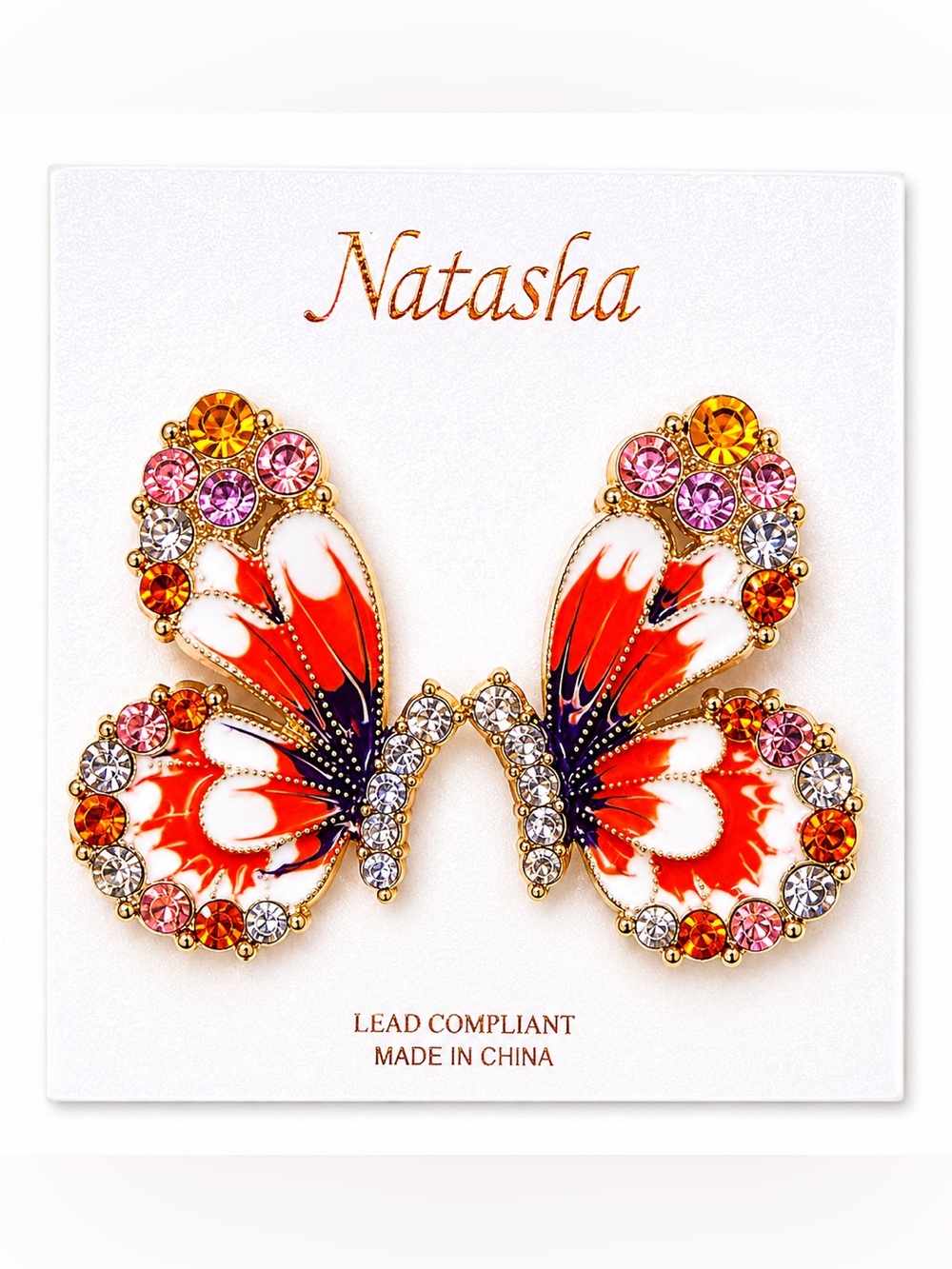 Natasha Couture Orange Butterfly Studded Earrings
